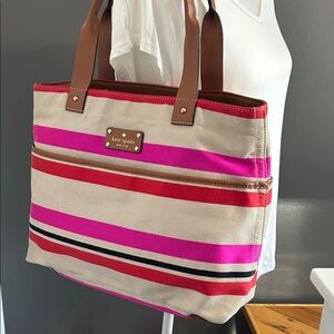 Kate Spade Vibrant Pink and Red Striped Canvas Bag